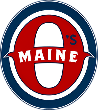 Oval logo with a large red "O" encircling the word "Maine" in white. The letter "O's" appears in the top right, all within a blue border.