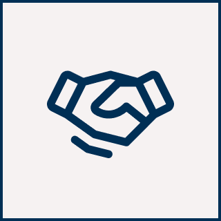 Icon of two hands shaking, depicted with simple blue lines on a light gray background, enclosed in a square border.