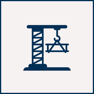Icon of a construction crane lifting a horizontal beam on a white background.
