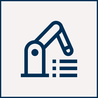 Icon of a robotic arm holding a square object, symbolizing automation or industrial machinery, set against a plain background.
