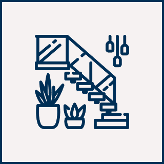 Icon of a staircase with two potted plants underneath, accompanied by three hanging pendant lights.