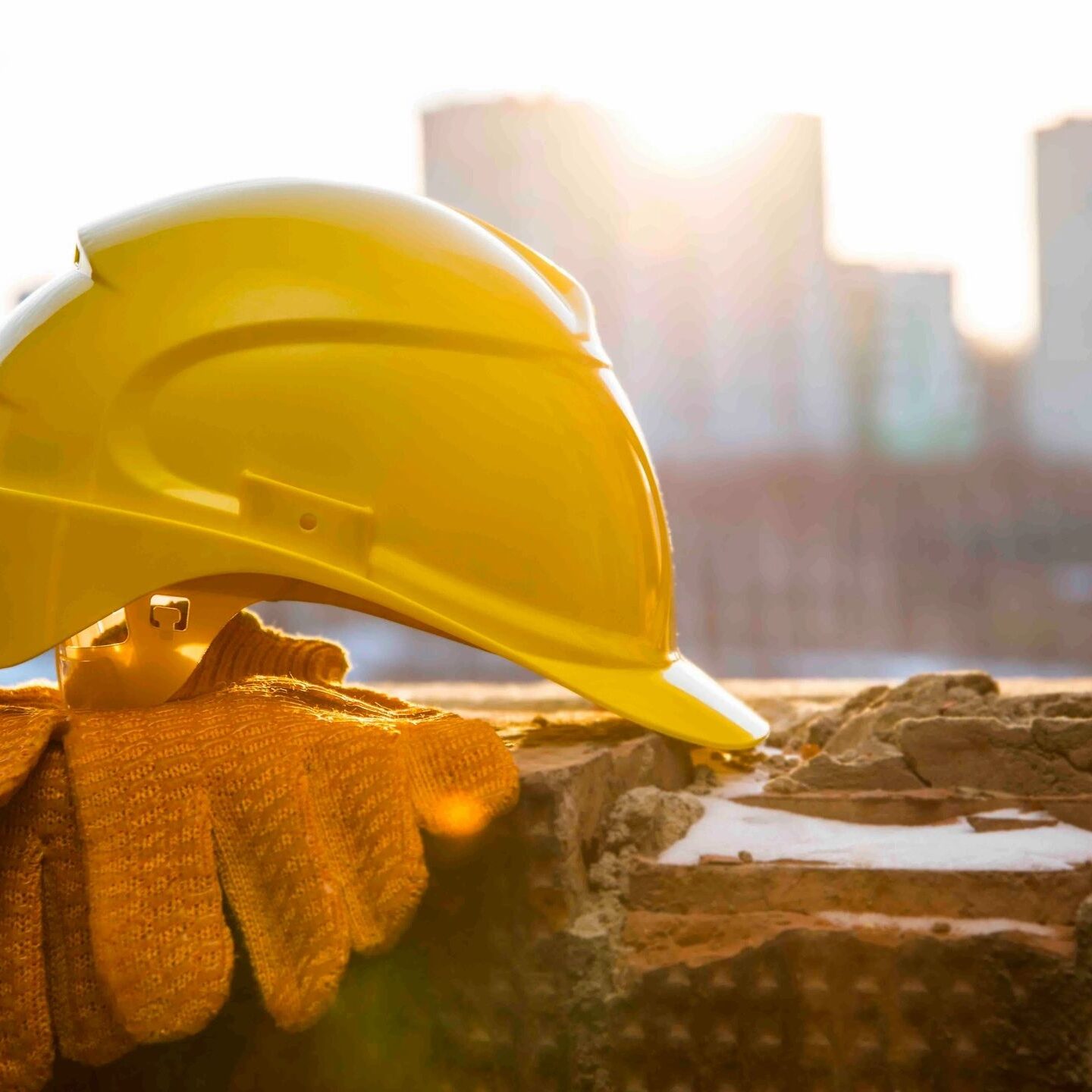 Yellow hard hat and gloves on bricks.